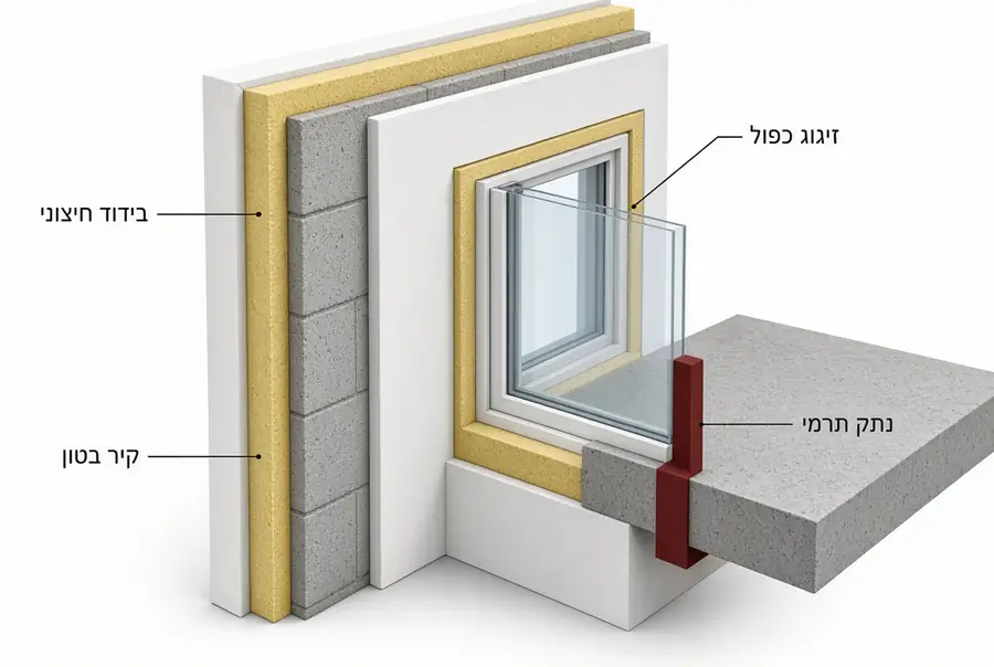 יועץ תרמי – פרט קיר חיצוני עם בידוד, זיגוג כפול ונתק תרמי