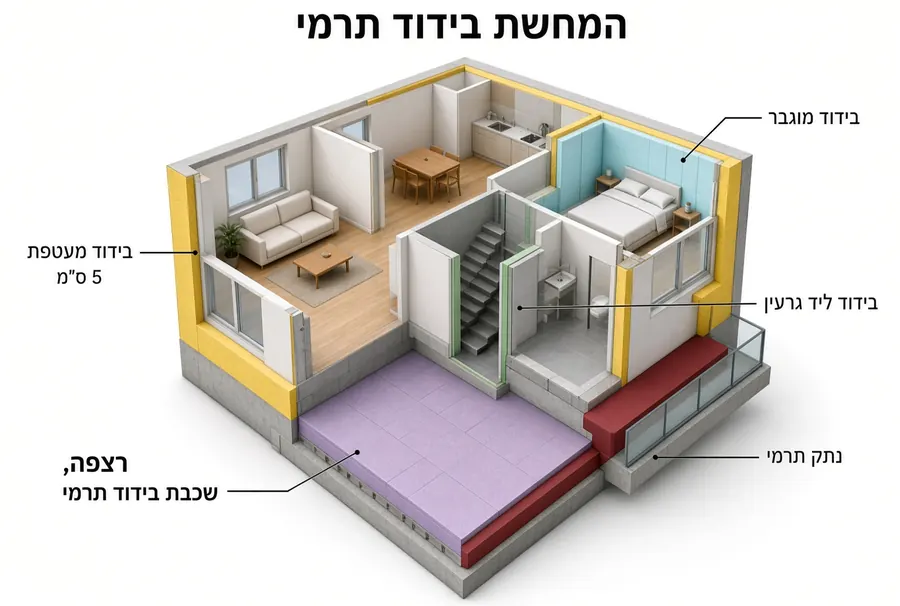 יועץ תרמי – המחשת בידוד תרמי בדירה – בידוד מעטפת, רצפה, גרעין ונתק תרמי